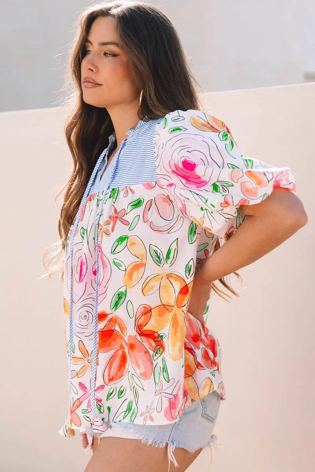 Cameron Floral Striped Yoke Blouse with Puff Short Sleeves and Frilled V Neck - Love Salve